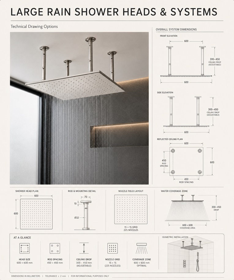 Large rain shower head technical drawing and dimensional planning resources